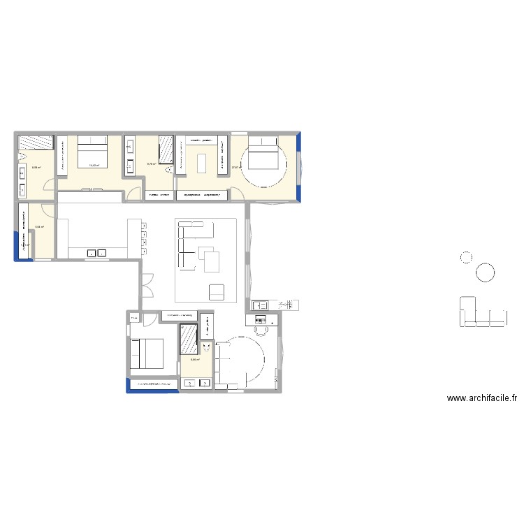 Chambres le long du mur. Plan de 8 pièces et 76 m2