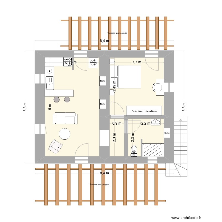 Toubab Dialaw. Plan de 4 pièces et 38 m2