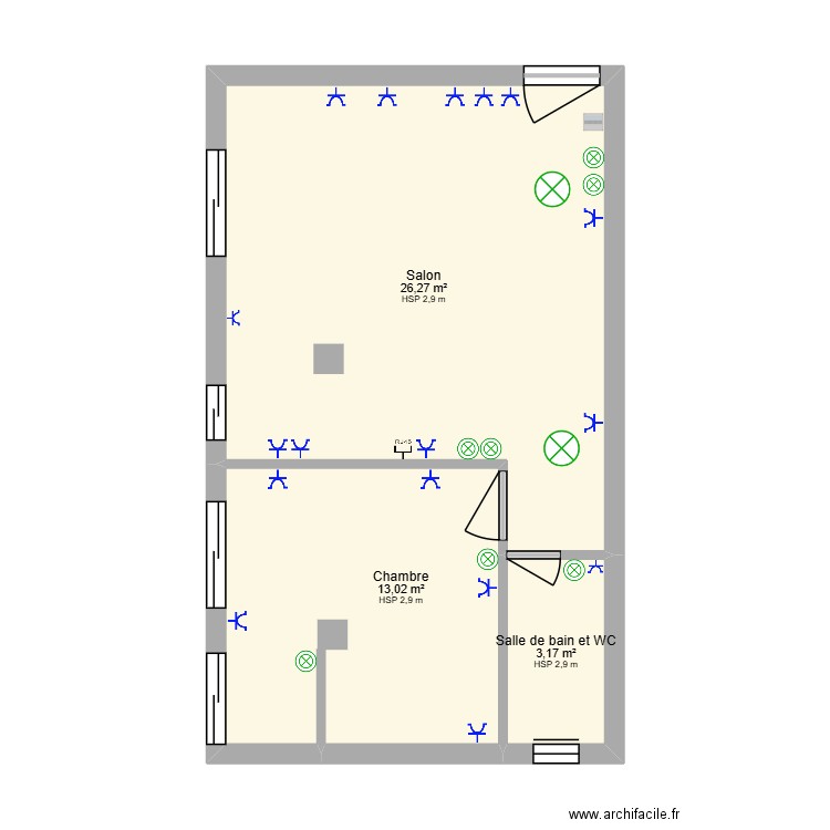 PLAN STUDIO ELECTRICITE. Plan de 3 pièces et 42 m2