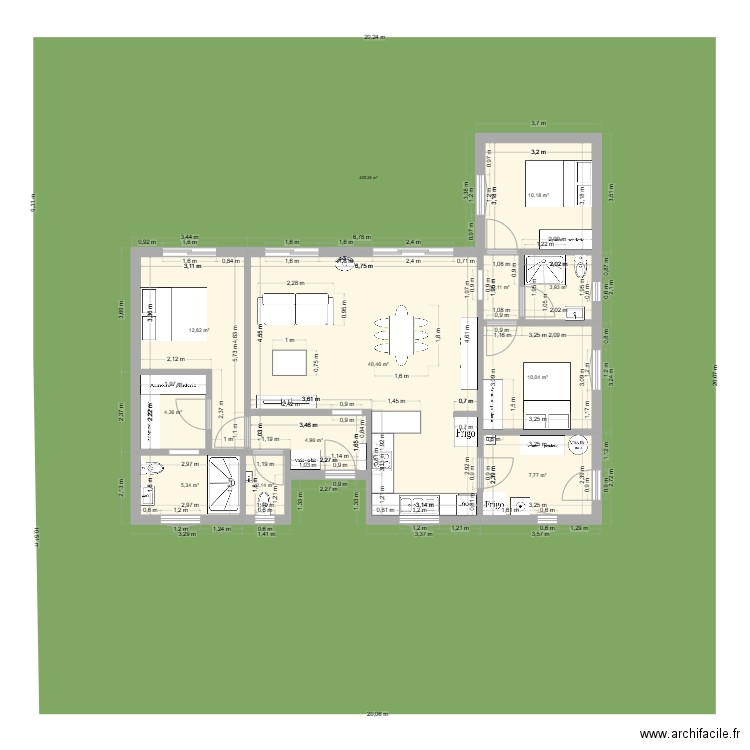 104 m2 avec 3 chambres. Plan de 11 pièces et 104 m2