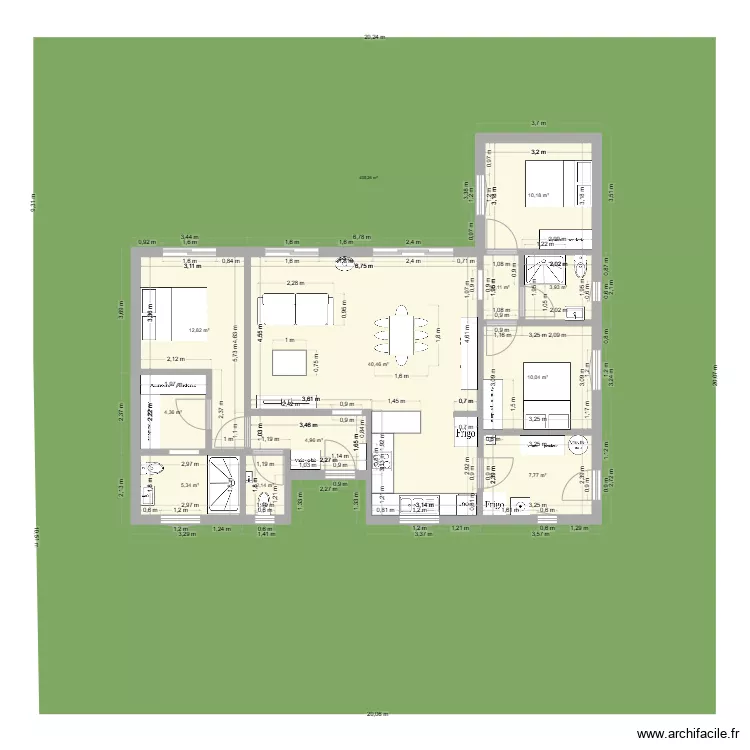104 m2 avec 3 chambres. Plan de 
