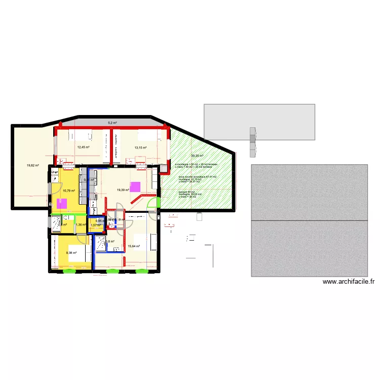 1er &eacute;tage g&icirc;tes salon dans extension variante 1. Plan de 18  et 148 m²