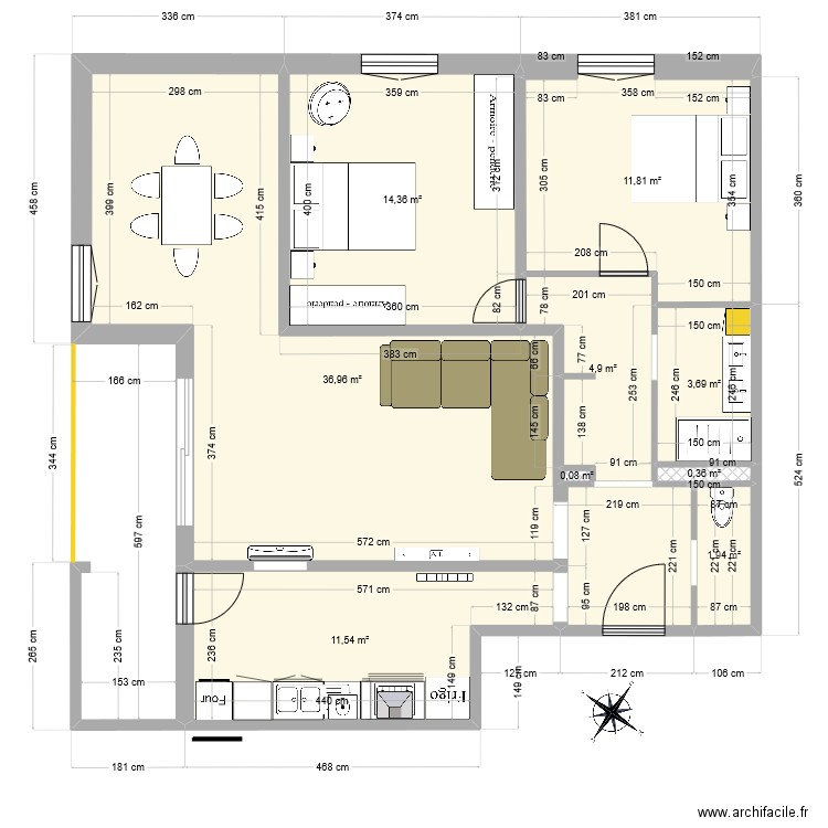 Appartement 1. Plan de 14 pièces et 93 m2