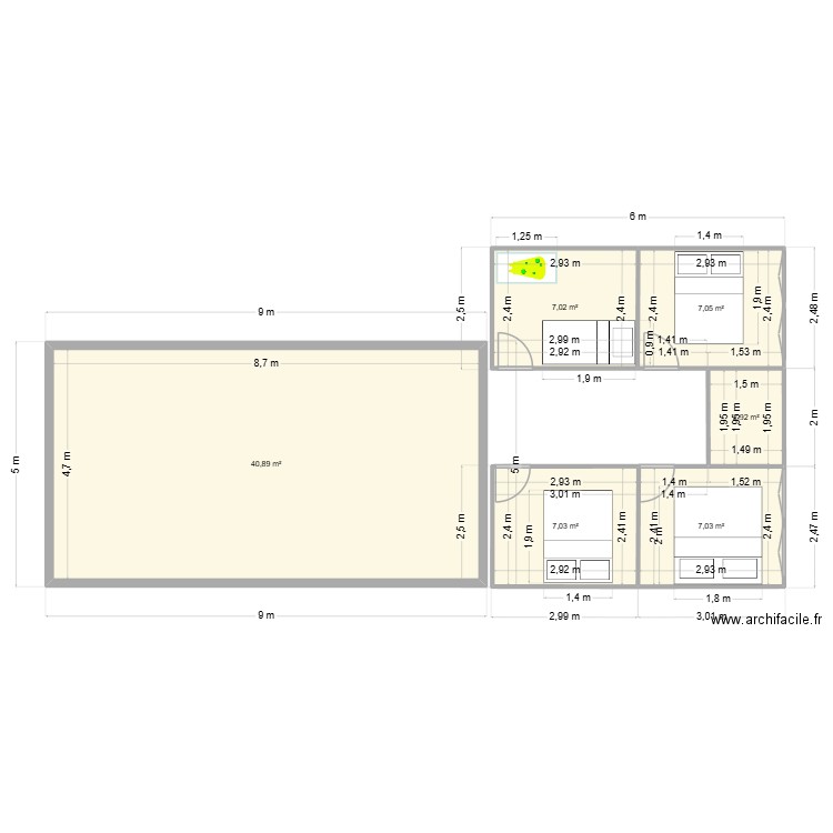 chaleydd. Plan de 6 pièces et 72 m2