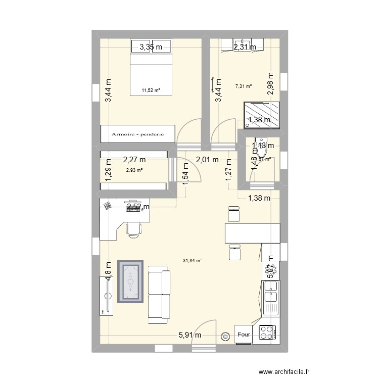 Plan T1. Plan de 5 pièces et 55 m2