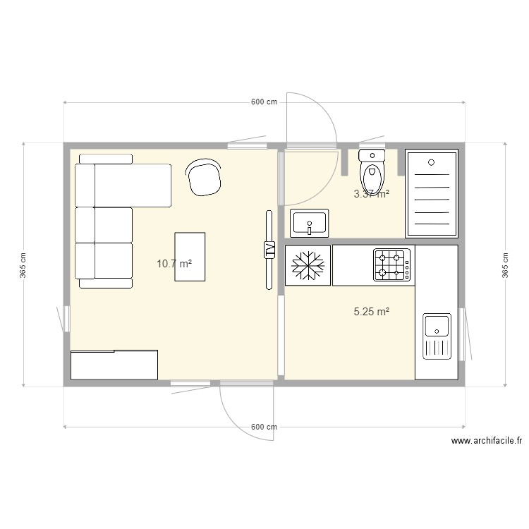 20m² maisonette Ive 2eme espace. Plan de 3 pièces et 19 m2