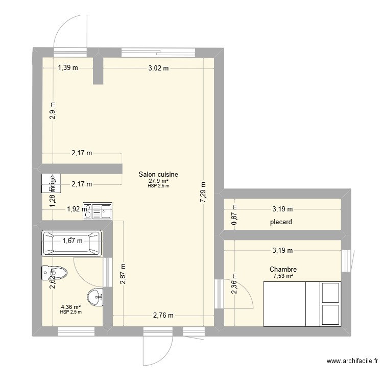 1205 saint thomas. Plan de 4 pièces et 43 m2