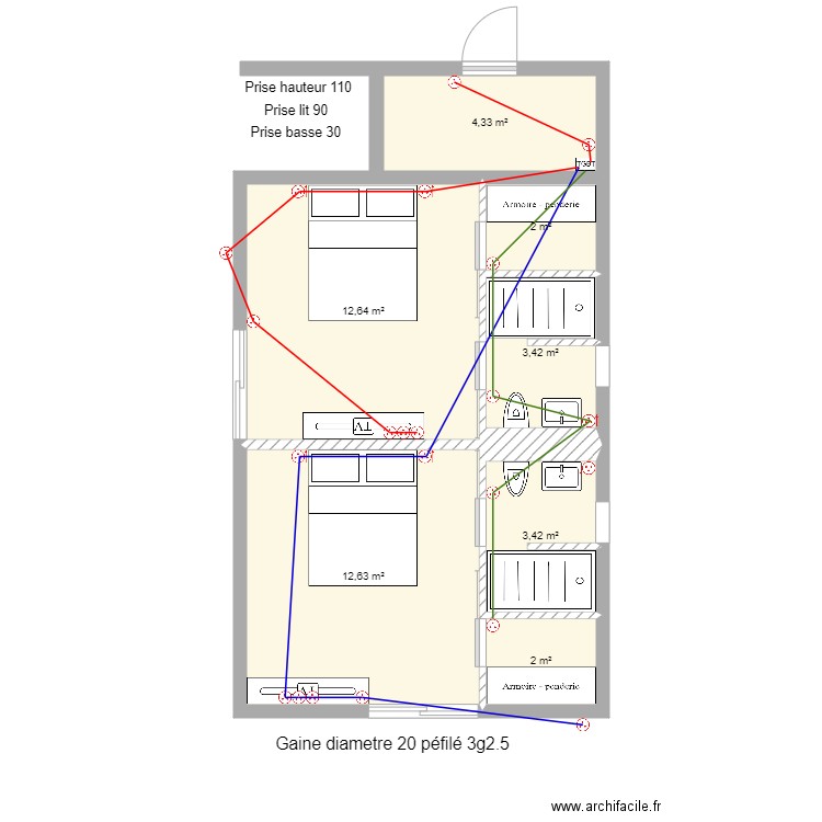 Corse chambre ami prise de courant. Plan de 7 pièces et 40 m2