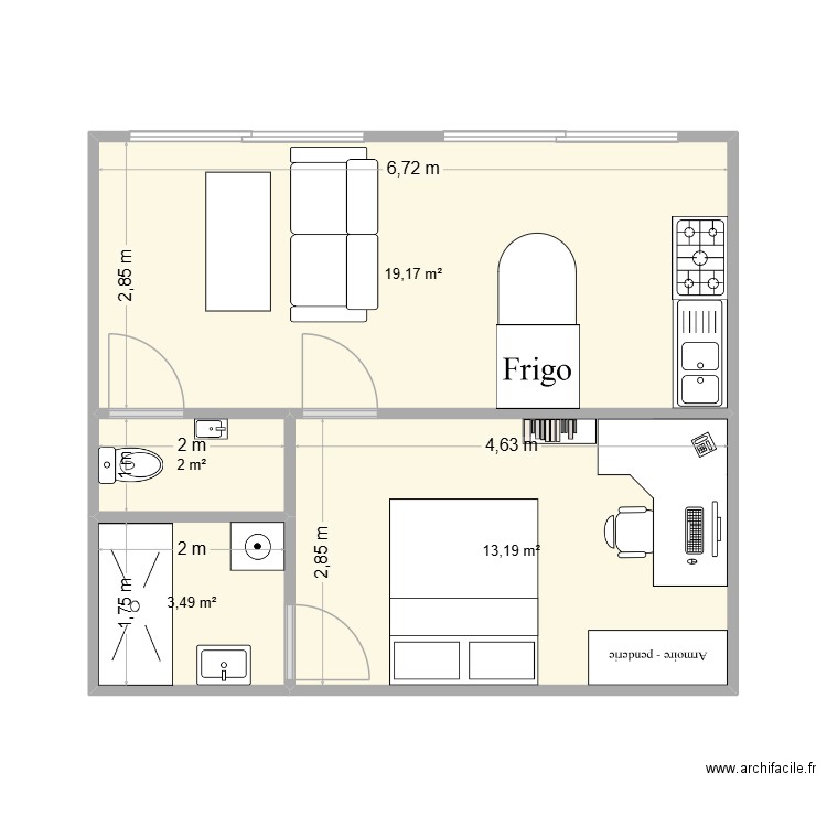 aménagement int 6*6.90. Plan de 4 pièces et 38 m2