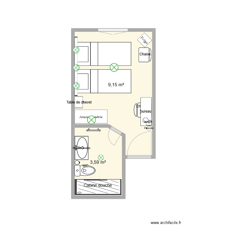 chambre n°1. Plan de 2 pièces et 13 m2
