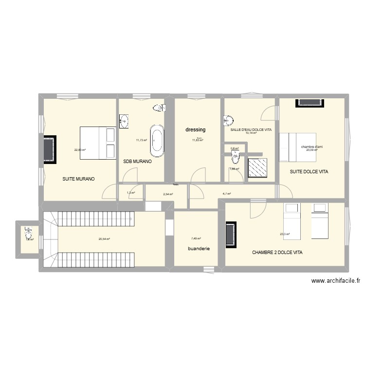 2 eme etage complet. Plan de 14 pièces et 140 m2