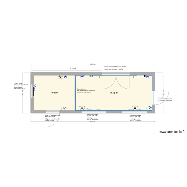 Swissport 9x3. Plan de 2 pièces et 22 m2