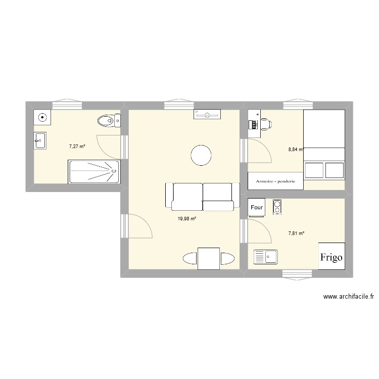 I2Etage2DroiteMeuble2. Plan de 4 pièces et 44 m2