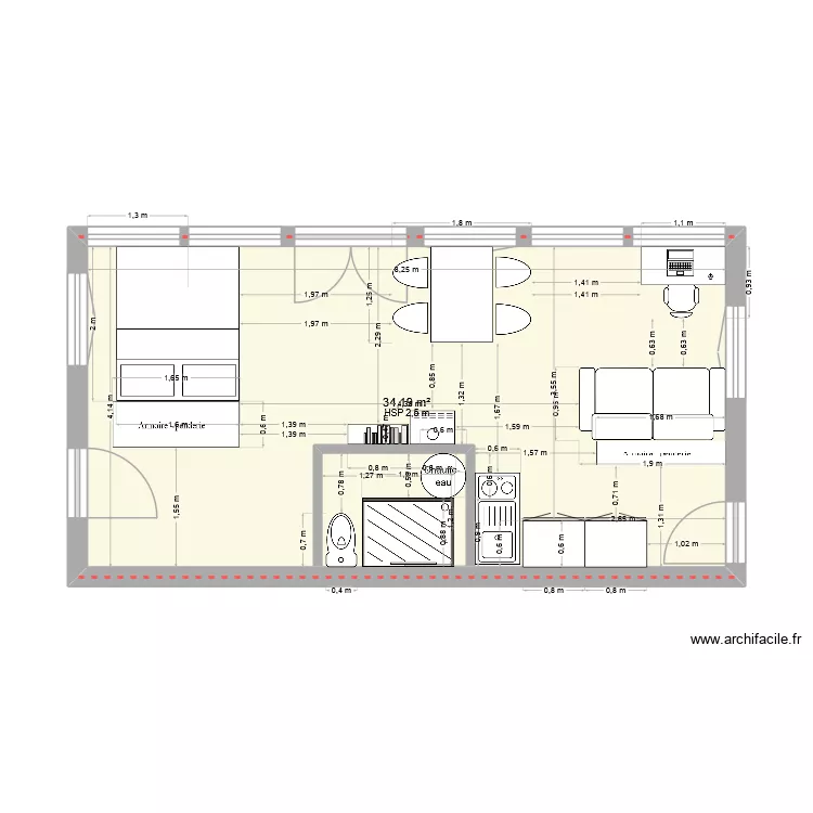 cabane 2. Plan de 1  et 34 m²