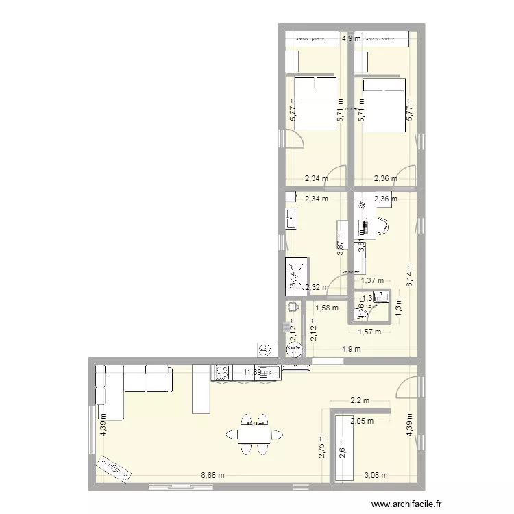 1 grange flachon. Plan de 4 pièces et 107 m²