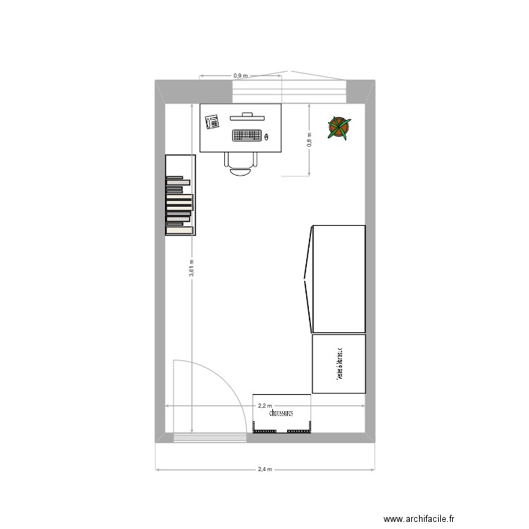 chambre vestiaire & bureau. Plan de 1 pièce et 8 m2