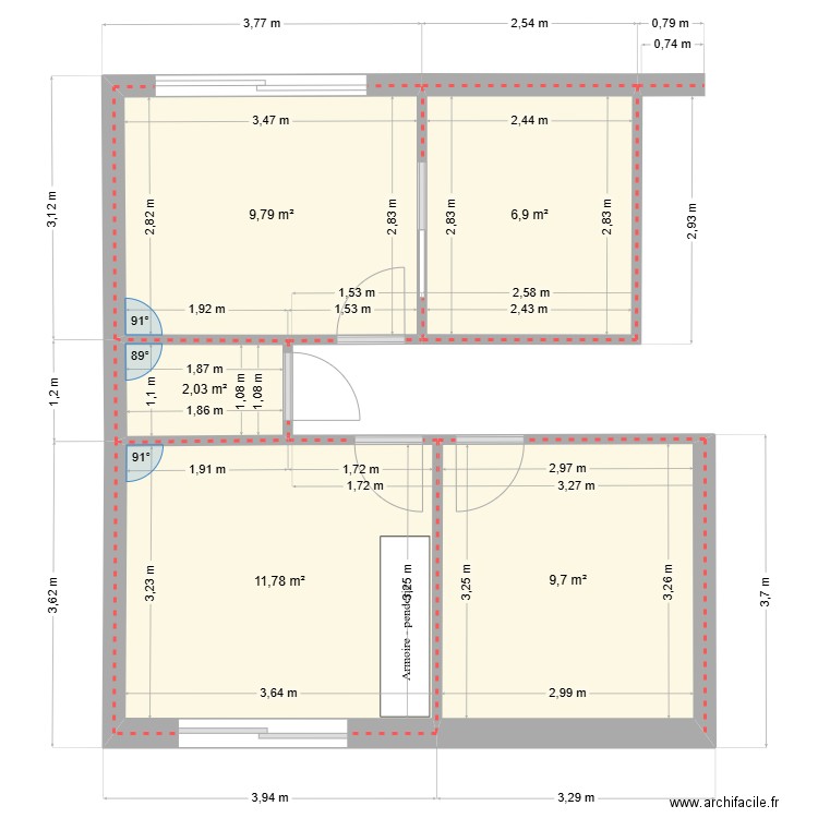 RDC partie nuit. Plan de 5 pièces et 40 m2