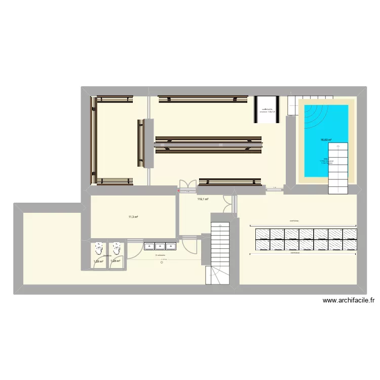 sous sol mikve avec banc. Plan de 5  et 150 m²