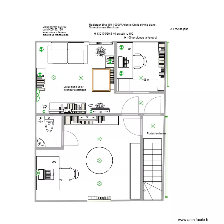 1. Salon et bureau 1 fen&ecirc;tre fauteuil parall&egrave;le fen&ecirc;tre. Plan de 4  et 37 m²