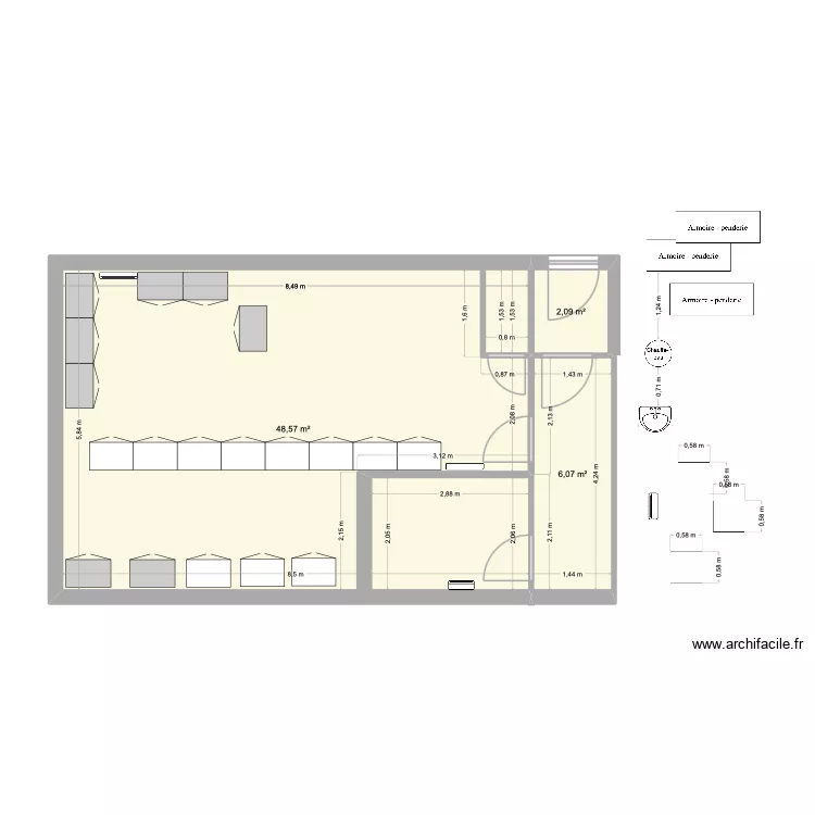 PROJET VESTIAIRES H et WC F. Plan de 3 pièces et 57 m²