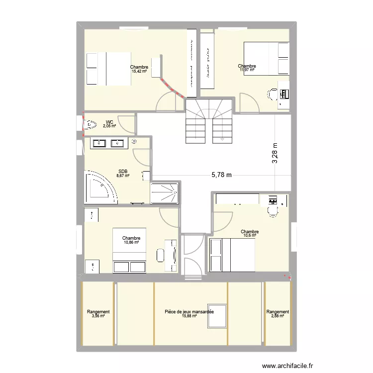 Maison VLG - Etage. Plan de 9  et 82 m²