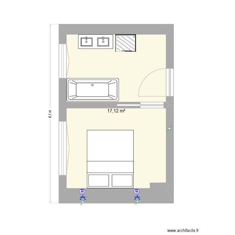 Salle de bain/chambre n°1. Plan de 1 pièce et 17 m2