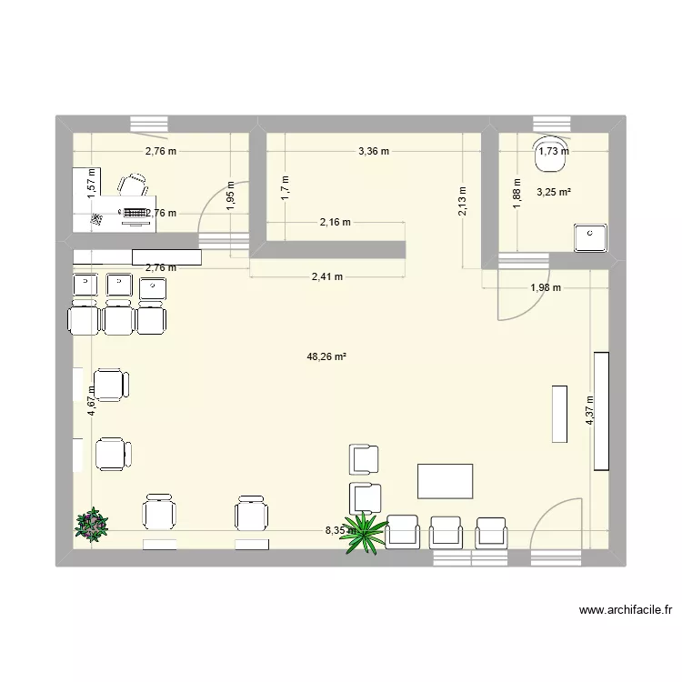 plan de salon coiffure. Plan de 2  et 52 m²