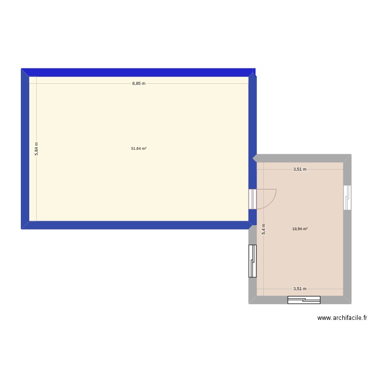 chambre 02. Plan de 2 pièces et 71 m2