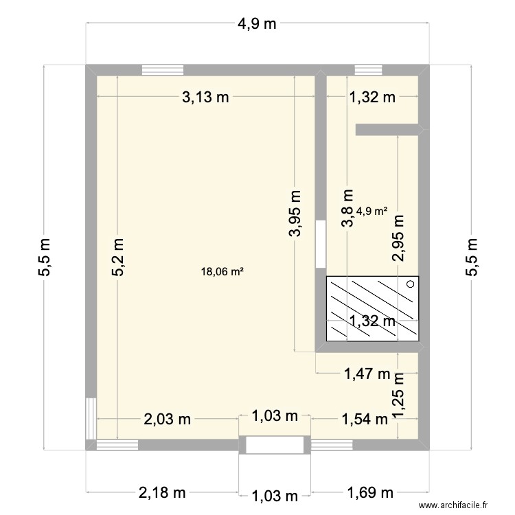 Plan Chambre supérieure CC. Plan de 2 pièces et 23 m2