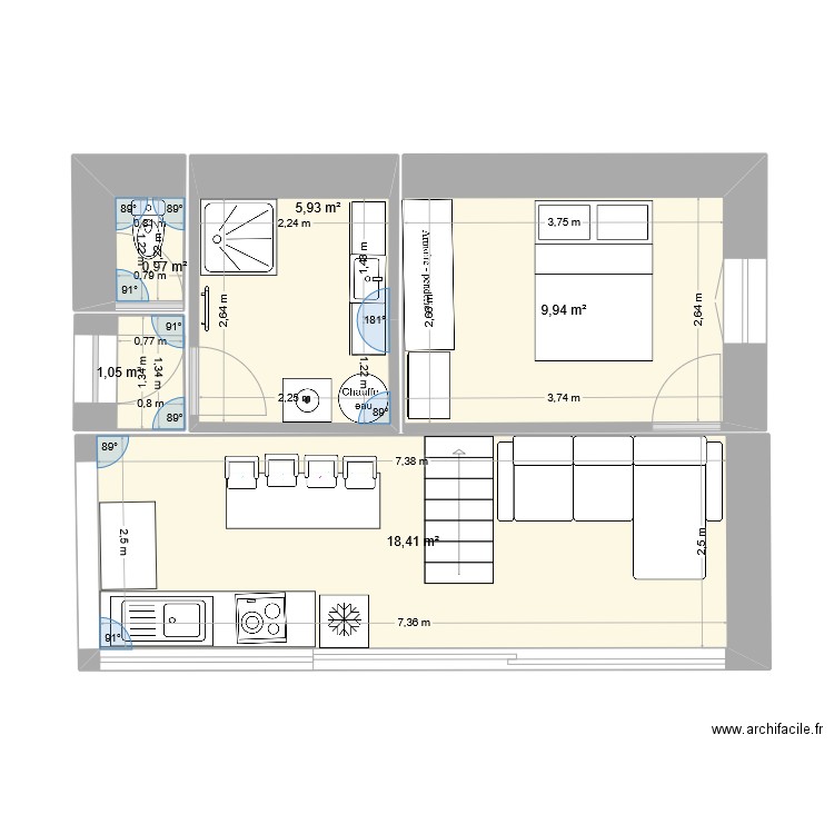 rez de chaussee 6*8. Plan de 5 pièces et 36 m2