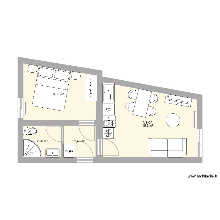 T1 Bis. Plan de 4 pièces et 30 m2