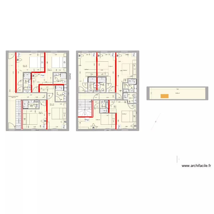 Extension &agrave; jour sss. Plan de 26  et 184 m²