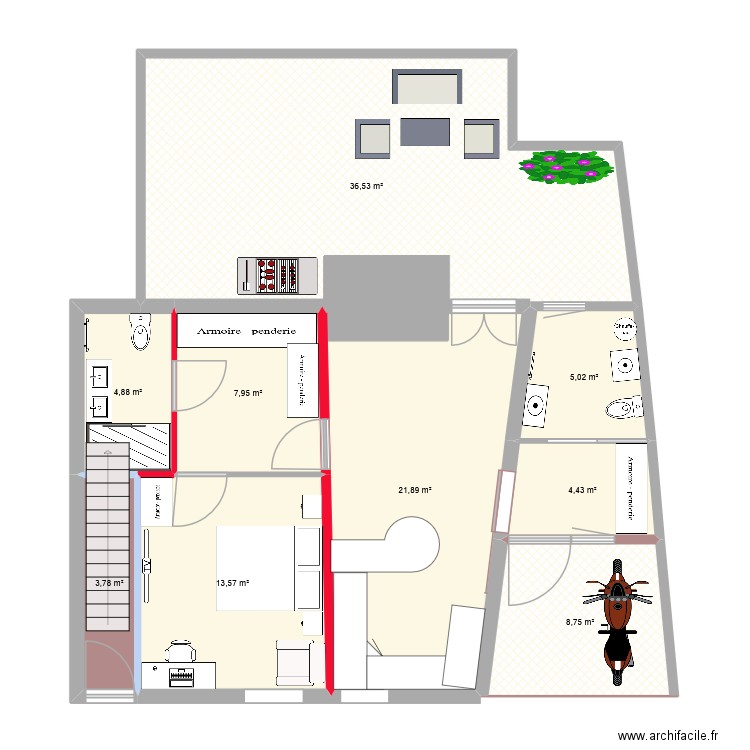 rdc meubles et cloisons. Plan de 9 pièces et 107 m2