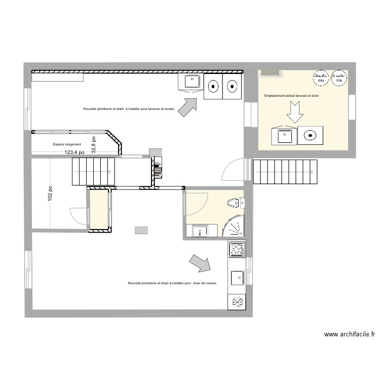 Sous sol pour estimé plomberie. Plan de 3 pièces et 14 m2