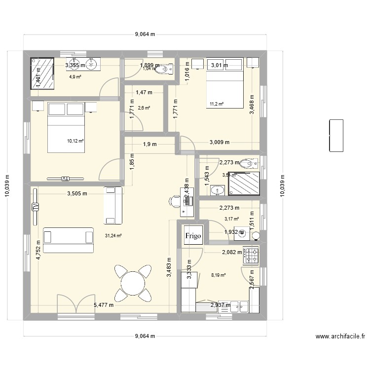 Modèle BGF 3. Plan de 9 pièces et 77 m2
