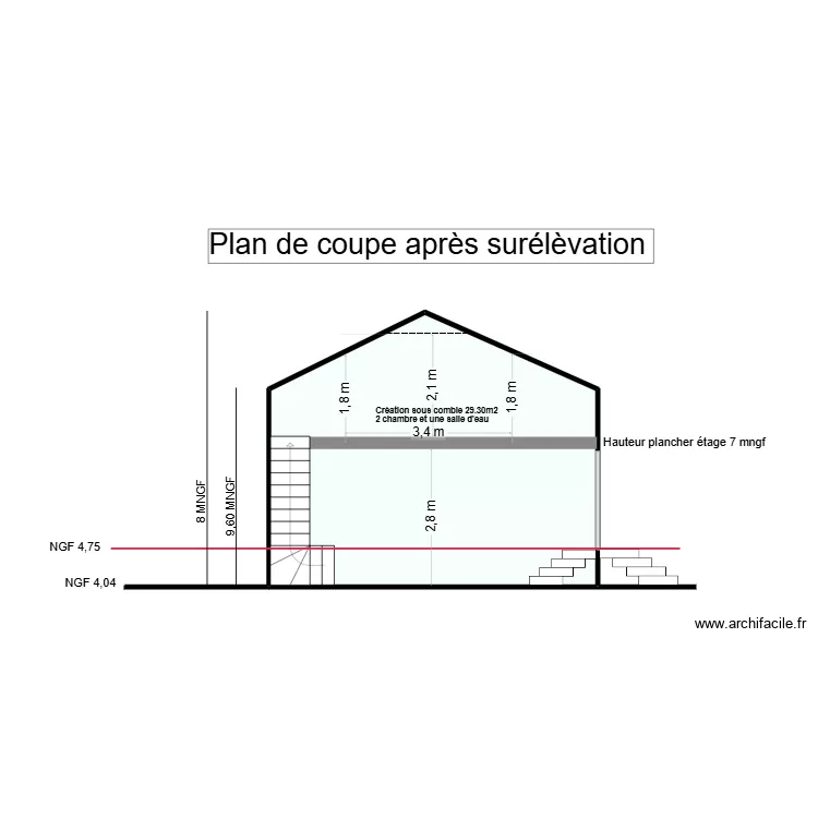 PLAN DE COUPE apres surelevation bois. Plan de 1 et 32 m² PLAN DE COUPE apres surelevation bois. Plan de 1 et 32 m²