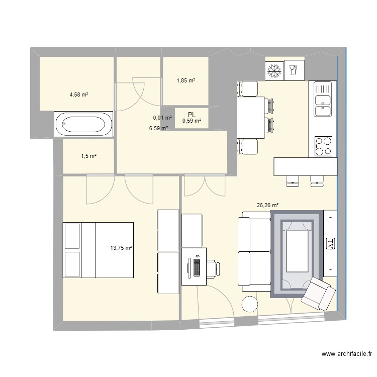 t2 cergy. Plan de 8 pièces et 55 m2