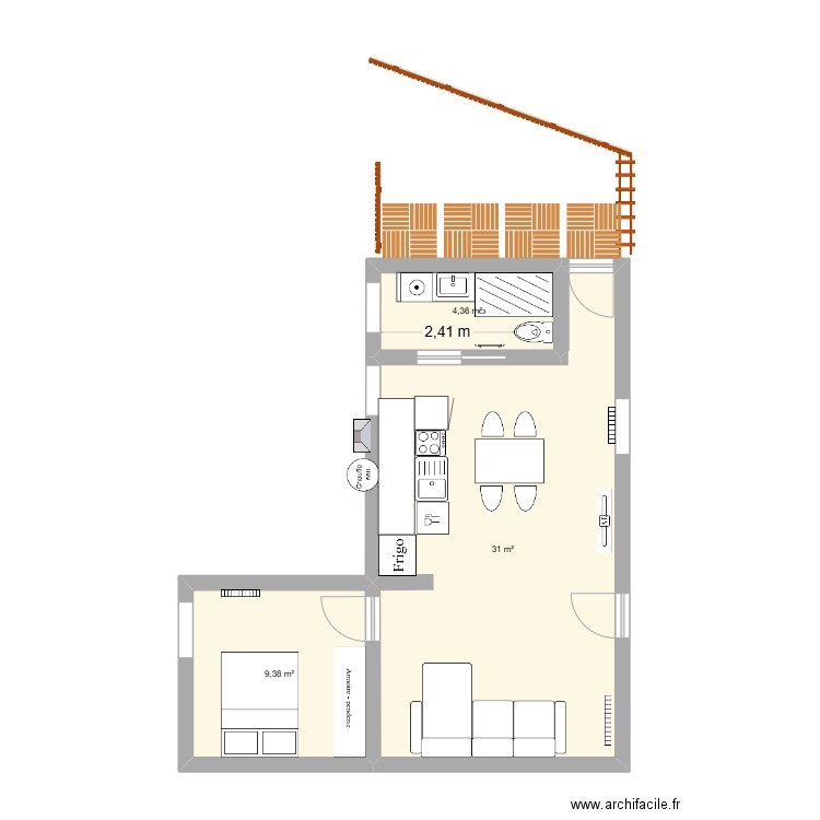 Appart RDC n°1. Plan de 3 pièces et 45 m2