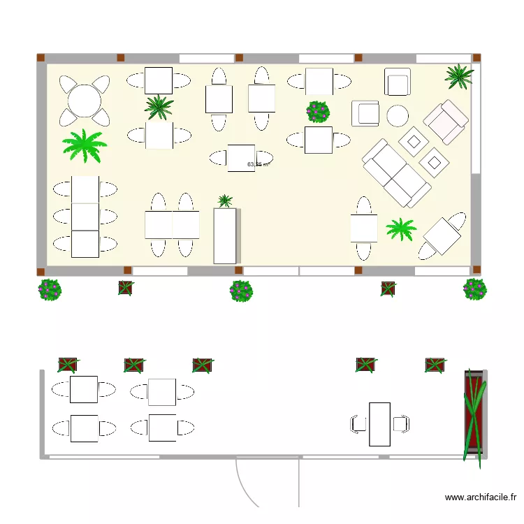 TERRASSE AMENAGEE HIBISCUS. Plan de 1  et 63 m²