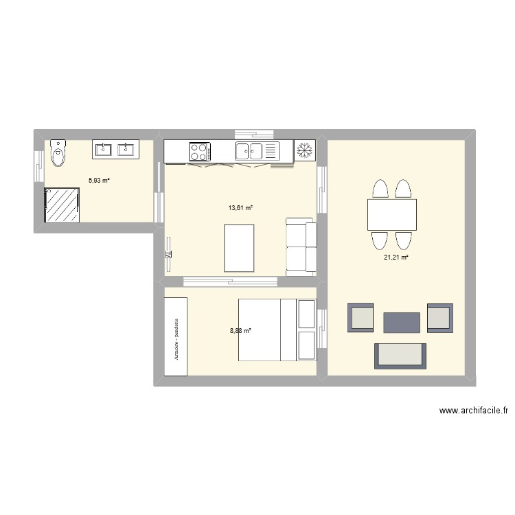 studio 2. Plan de 4 pièces et 50 m2