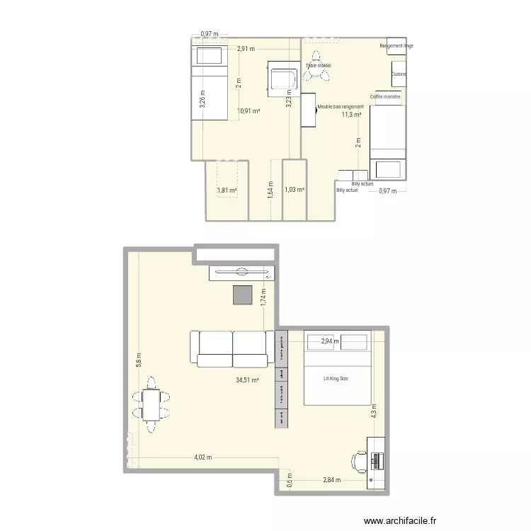 Salon chambre. Plan de 5  et 60 m²