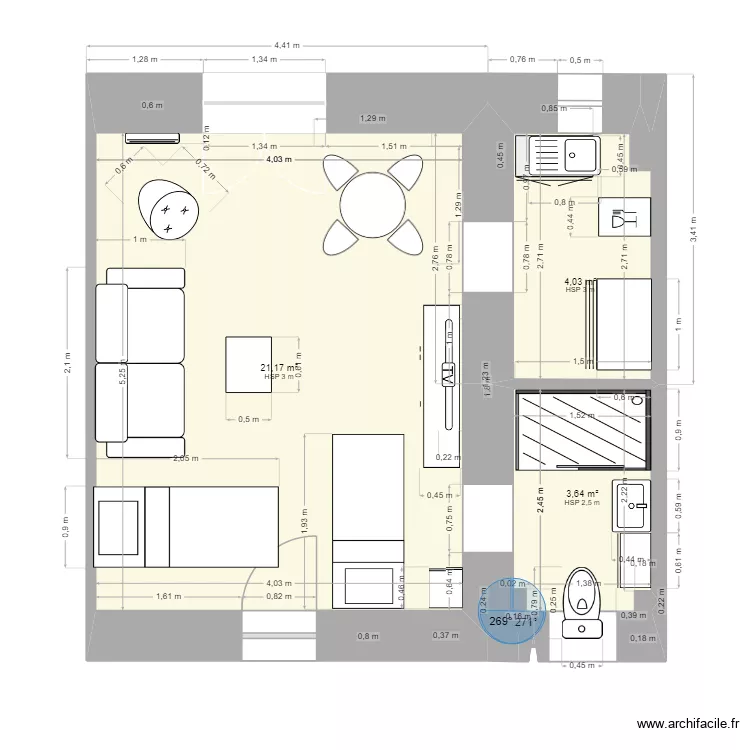 Studio  mode nuit. Plan de 3  et 29 m²