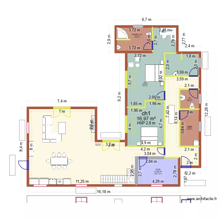 villa en u finale. Plan de 7  et 182 m²