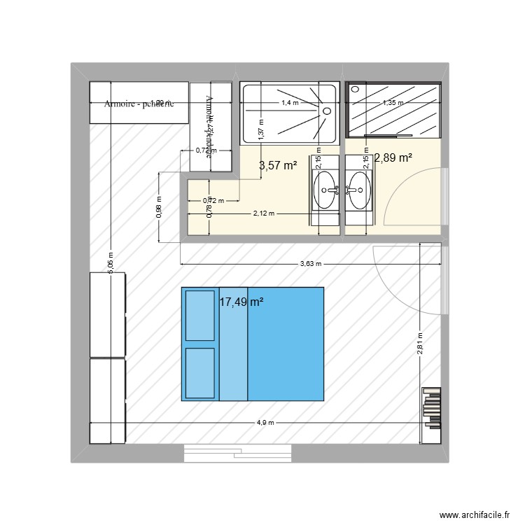 enT_suiteP. Plan de 3 pièces et 24 m2
