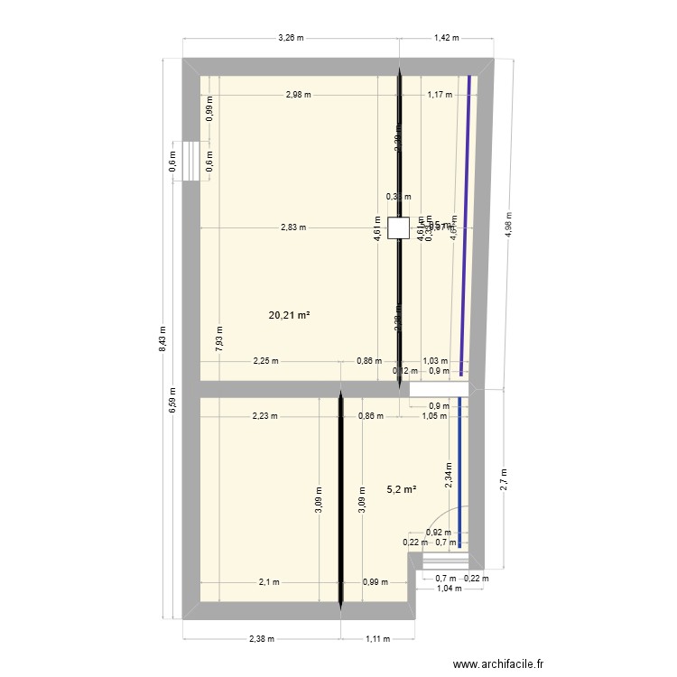 cave. Plan de 3 pièces et 30 m2