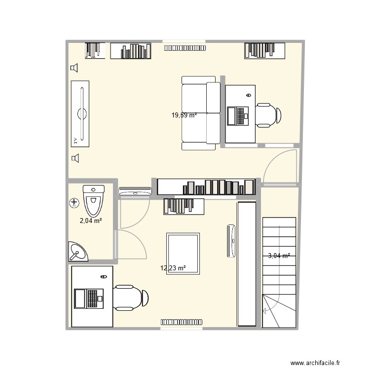 2 bureaux meubles existants accès garage. Plan de 4 pièces et 37 m2