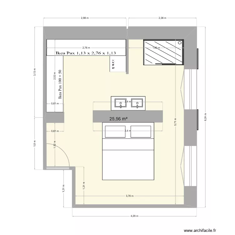Chambre parentale Boujan. Plan de 1  et 26 m²