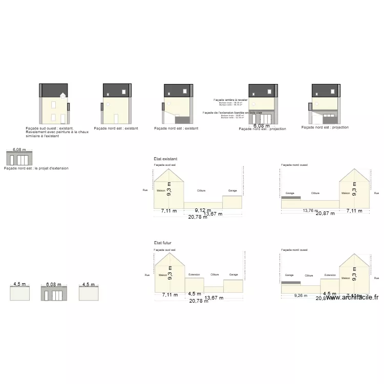 Fa&ccedil;ade avec fen&ecirc;tre verticale. Plan de 