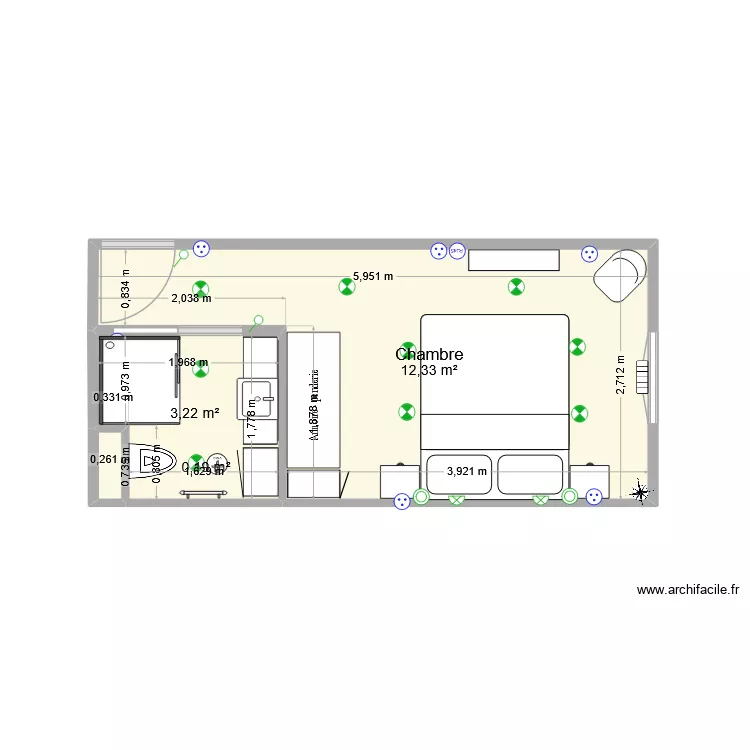 Chambre ex Flora V4. Plan de 3  et 16 m²