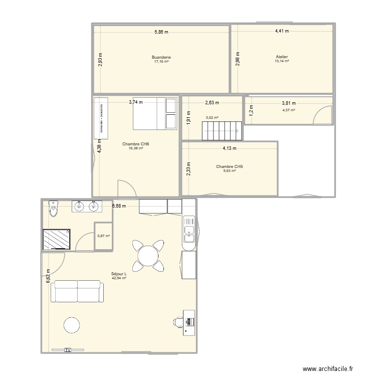 Rez de chaussé Projet 3. Plan de 8 pièces et 111 m2